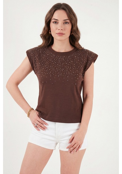 Lela Pamuklu Regular Fit Taş Detaylı Bluz Bayan Bluz 5866945 Kahve