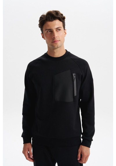 AR-MA Arma Erkek Slim Fit Scuba Interlok Bisiklet Yaka Sweatshirt Ön Sol Fermuarlı Cepli, Sol Kolda Etiketli K30124685402 Siyah