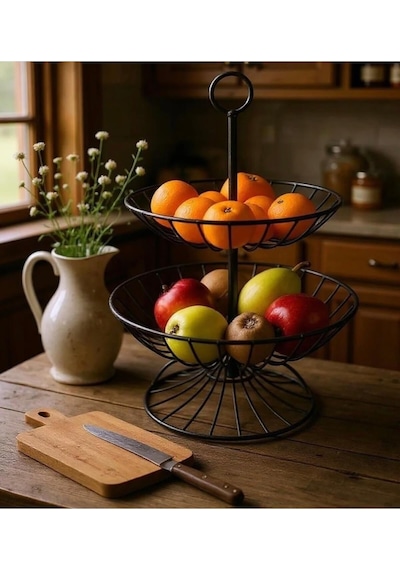 2 Katlı Metal Meyve Sepeti Siyah Geniş Hacimli Çok Amaçlı Meyvelik Sebzelik Sunum Standı Kaymaz Ayaklı Modern Mutfak Organizer 28 X 32