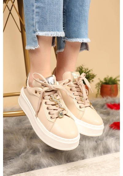 Taş Aksesuarlı Sneakers Krem-Krem