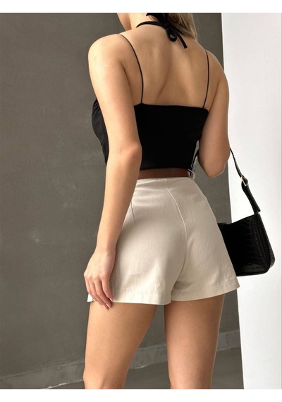 Vuvutasarım Kadın Krep Kumaş Boyun Bağlama Detaylı Askılı Siyah Crop Bluz 582455 Siyah