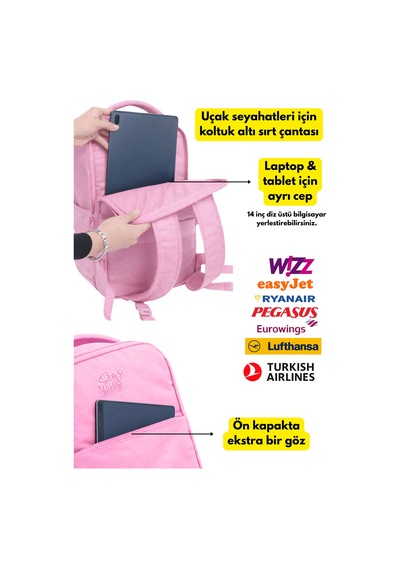 Jet Turtle Seyahat Sırt Çantası 40cm 40x25x15 Cm Pegasus, Wizz Air, Ryanair, El Valizi Koltuk Altı Valizi Pembe