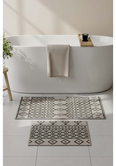 Gri Etnik Desen 2 Li Banyo & Klozet Paspas Takımı