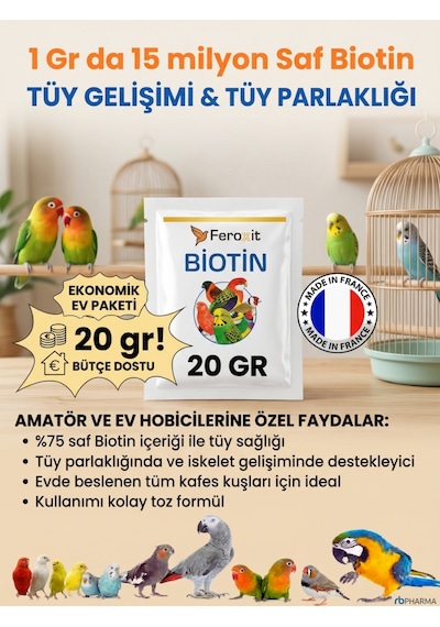 Biotin 20 Gr - Kafes Kuşları İçin Tüy Gelişimi Ve Parlaklığı Takviyesi, Saf Biotin Ev Tipi Ekonomik Paket