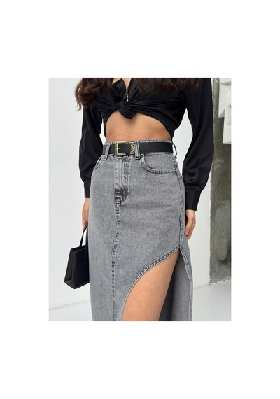 Kene Jeans Yüksek Bel Uzun Kar Siyah Ön Parçalı Asimetrik Kot Etek Kar Siyah
