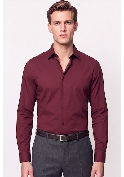 Slim Fit Pamuklu Bordo Gömlek G 1607