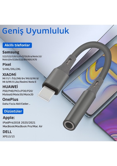 Td-c3327 Type-c-3.5mm Kulaklık Dönüştürücü Hifi Ses Aktarımı Dac Çipli Tak Ve Kullan 13cm