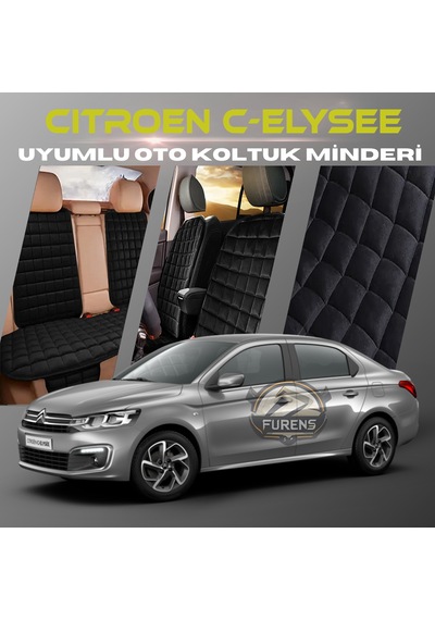 Citroen C-elysee Siyah Tay Tüyü Cepli & Terletmez Sırtlı Oto Koltuk Minder Seti - Koruma Kılıfı  Ön & Arka Set