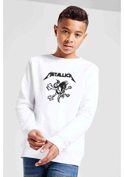 Tshirthane Metallica Skull Baskılı Unisex Çocuk Beyaz Sweatshirt Beyaz