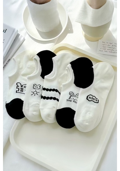 Hitit Socks Kadın 5 Çift Premium Karikatür Ve Harf Desenli Yüksek Pamuklu Görünmez Babet Çorap Çok Renkli