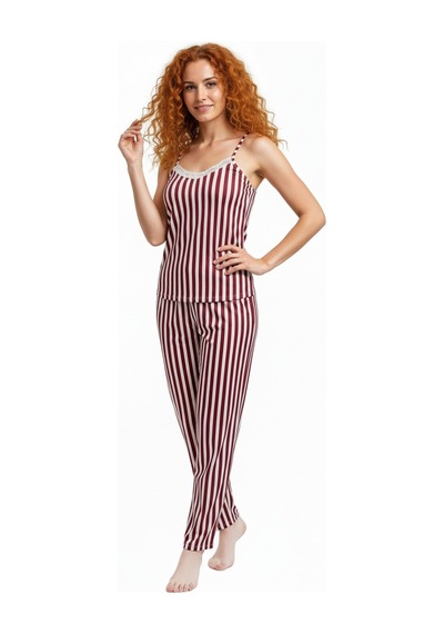 Altı Uzun İp Askılı Yumuşak Bordo Çizgili Pijama Takımı Bej