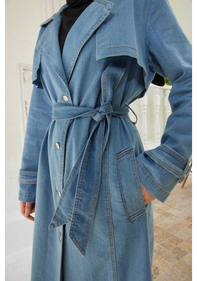 Neways 6458-Battal Allerli Denim Trençkot Mavi Mavi