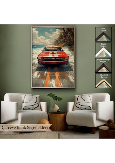 Ahşap Çerçeveli Kırmızı Mustang Tablo-7910