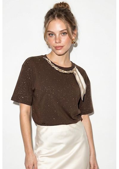 Kadın Yaldız Baskılı Zincir Ve Fular Detaylı Oversize T-shirt 2214 60286293 - Acı Kahve Acı Kahverengi