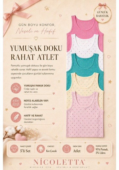 Nicoletta Kız Çocuk Atlet Geniş Askılı Baskılı Pamuklu Likralı Mıxcolor