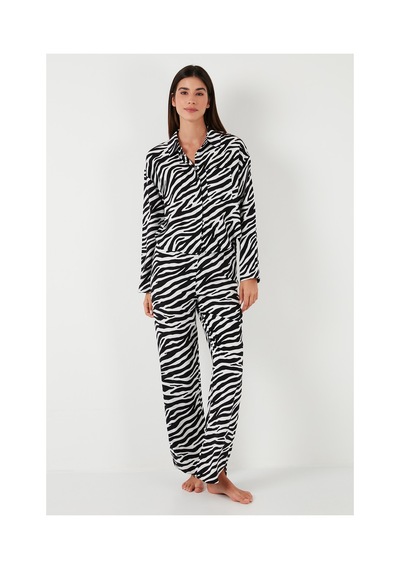 Lela Desenli Rahat Kesim Bol Paça Yazlık Bayan Pijama Takımı 6110014 Siyah-Beyaz