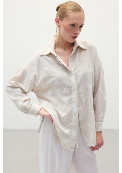 Sateen Salaş Nakışlı Gömlek - Bej-136251 Bej