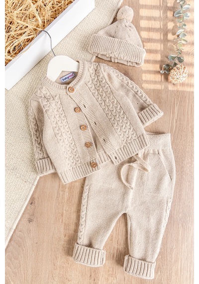 Babymod Bereli Triko Hırkalı Kışlık Erkek Bebek Takım Set Bej