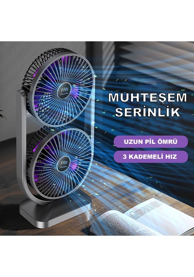 Robeve İkili Fan Vantilatör Şarjlı Masaüstü Vantilatör Fan - Yüksek Pil Kapasitesi - Güçlü Fan Motoru - Ayarlanabilir Başlık - Maksimum Serinlik