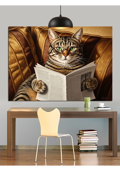Kitap Okuyan Gözlüklü Kedi Dekoratif Kanvas - Mdf Ahşap Tablo