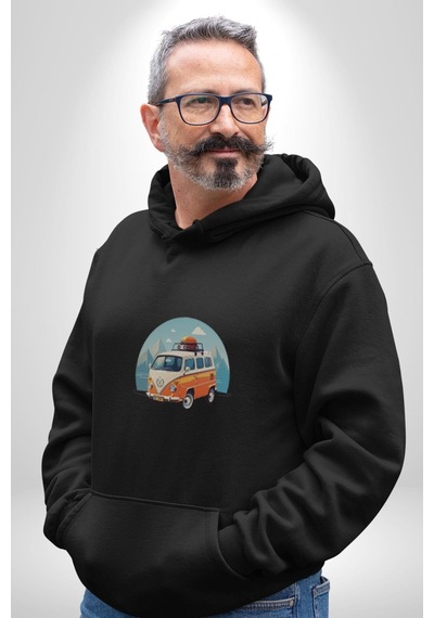 Wolkswagen Karavan Kış Gezisi Kadın Erkek Siyah Kapüşonlu Sweatshirt Hoodie Siyah