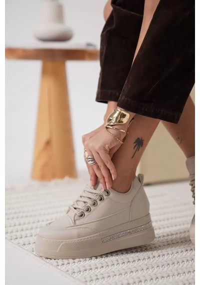 Trendella Kadın Bej Gizli Topuklu Sneaker Tr04ms01c Beyaz