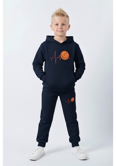 Fyk Kids 3 İplik Şardonlu Kışlık Nabız Basketbol Baskılı Kanguru Cepli Kapüşonlu Erkek Çocuk Eşofman Takımı Lacivert