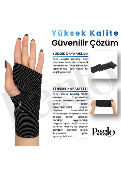 Parlo Siyah Elastik Bandaj 3 Lü Set 10-15-20 Cm %300 Esnek, 4,5 M Ye Kadar Uzayan, Metal Kancalı Bandaj Seti