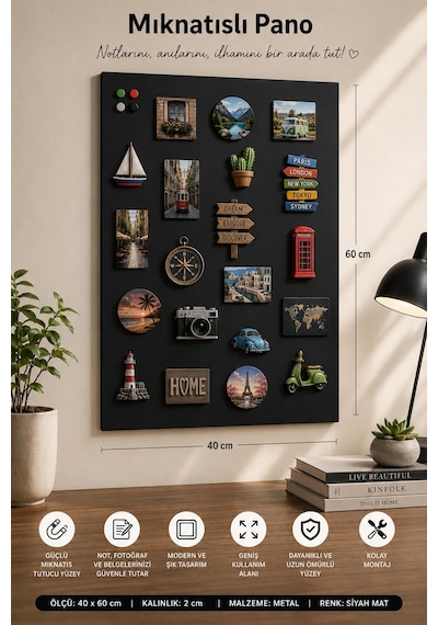 Yiğit Metal Mıknatıslı Pano Siyah Ofis/çalışma Odası İçin Mıknatıs Hediyeli Metal Magnet Hatıra Panosu 50x70cm 40 x 60 CM