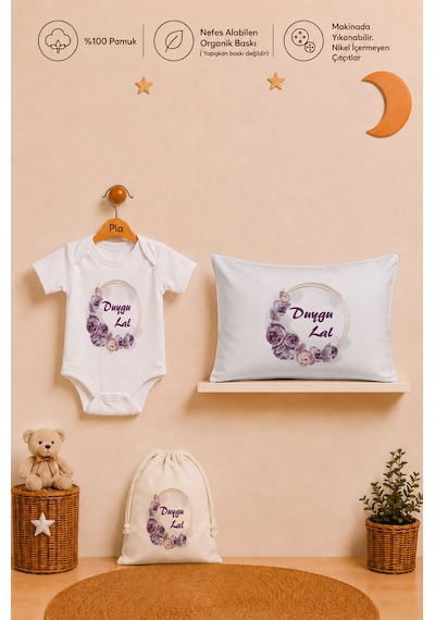 Pia Baby Kız Bebek İsme Özel Hediye Seti %100 Pamuk Body Yastık Kılıfı Ve Ham Bez Bebek Kıyafet Kesesi 2052bykyx Ekru