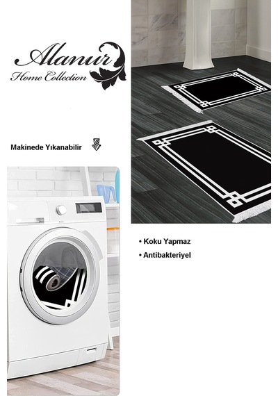 Dekoreko Kaymaz Taban Djt 2 Li Banyo Paspas Takımı Star Pamuk Saçaklı Modern 1669 Siyah