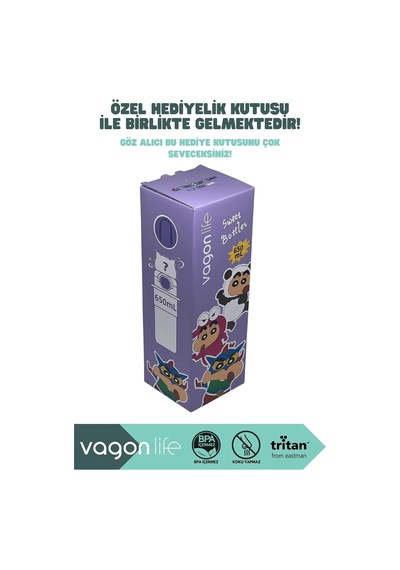 650ml Crayon Shinchan Figürlü Kapak Pipetli/pipetsiz Kullanım El Askılı Tritan Su Matarası Lacivert Çok Renkli