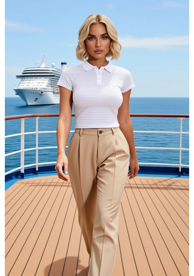 Benerly Kadın Bluz Polo Yaka Kısa Kol Fitted Kalıp Çizgili Desen Crop Boy Açık Gri