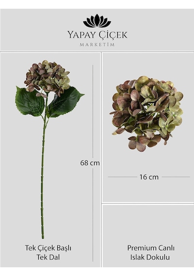 Yeşil Yapay Ortanca Çiçeği Tek Dal Premium Canlı Islak Dokulu 68 Cm