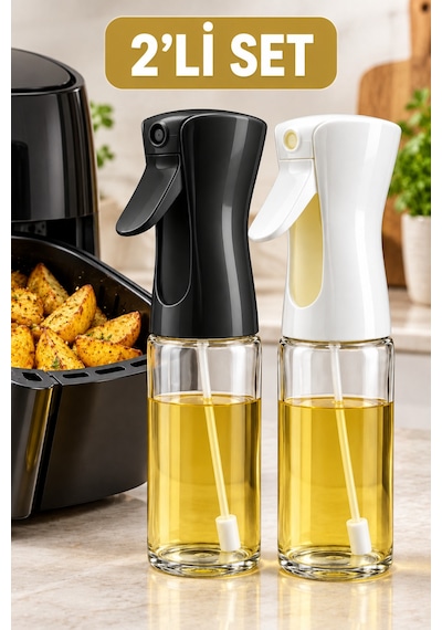 2 Li Cam Sprey Yağlık Seti 2 220 Ml Zeytinyağı Püskürtücü, Salata Ve Airfryer İçin Yağ Spreyi Siyah - Beyaz