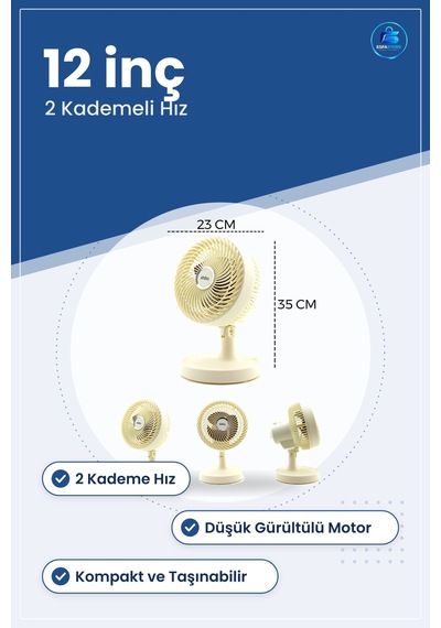 12 İnç Masaüstü Vantilatör 2 Kademe Sessiz Kompakt Taşınabilir Of