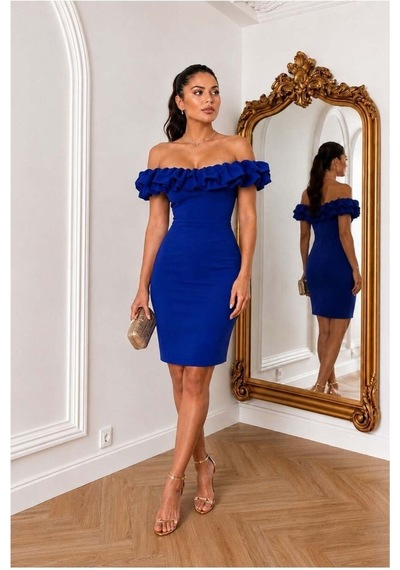 Store Kayık Volanlı Yaka Elbise Abiye Saks - 935888373 Saks