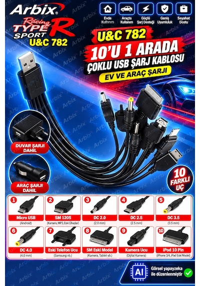 Çoklu Şarj Kablosu Seti 10'u 1 Arada Universal ' Siyah
