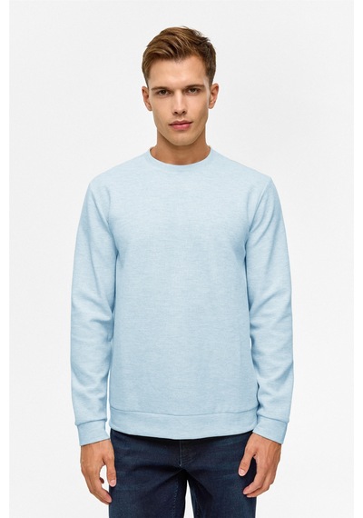 Süvari Bol Kesim O Yaka Melanj Desenli Waffle Sweatshirt Saks Mavi M05