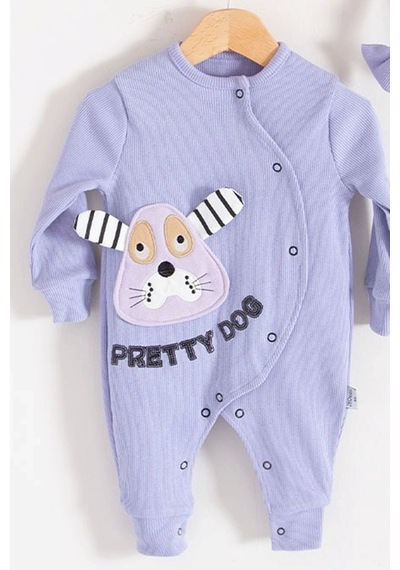 Baby Donat Pretty Dog Nakışlı Bandanalı % 100 Pamuk Kız Bebek Tulumu Lila