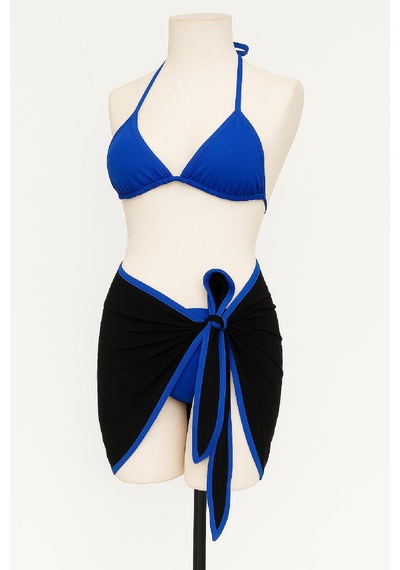 Moda Dua Kadın Mavi Pareolu Yandan Ve Boyundan Bağlamalı 3'lü Bikini Takımı