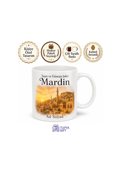 Mardin Güneş Ve Taş Temalı Baskılı Kupa Bardak Hediye Porselen Mug Beyaz / Çok Renkli