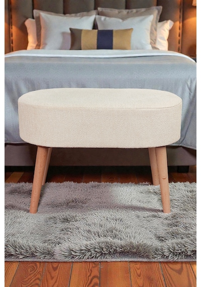 Ahşap Ayaklı Oval Puf Bench Geniş Oturum Alanlı Puf Sandalye - Krem - 60x40 Cm Krem