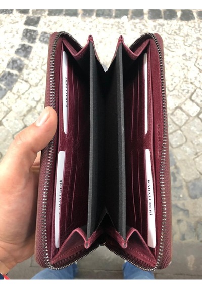 Karalı Deri Unisex Bordo Hakiki Deri Telefon Bölmeli Kartlıklı Cüzdan El Portföyü Bordo