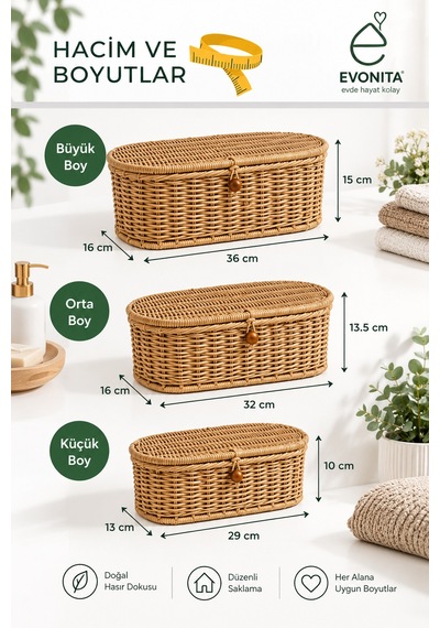3'lü Kapaklı Rattan Organizer Sepet Seti Hasır Görünümlü Dekoratif Saklama Kutusu Oval Kahverengi