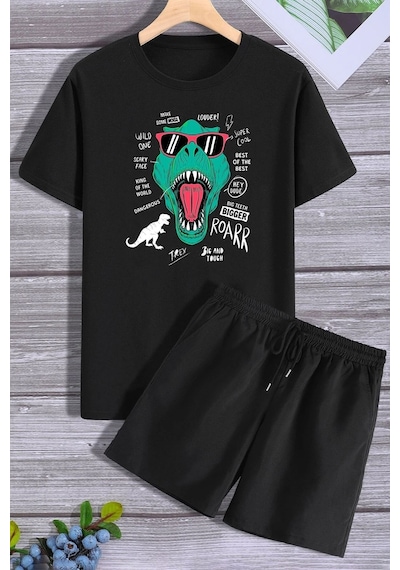 Uyguntarz Dinazor Baskılı Şort T-shirt Eşofman Takımı Siyah