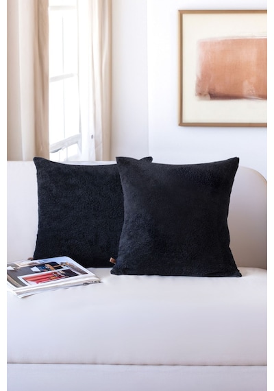 İskandinav Bohem 2'li Kırlent Kılıfı Modern Dekoratif Salon Koltuk Yastık Kılıfı 55x55 cm Teddy Puffy Siyah