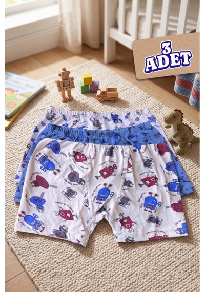 Andredimoda Erkek Çocuk Boxer Pamuklu Desenli Boxer 3'lü Paket Karışık Karışık