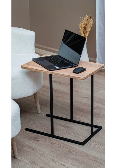 Uykula C Şekilli Laptop Sehpası Metal Ayaklı Ahşap Üst Tabla, Koltuk Altına Giren Modern Yan Sehpa Siyah