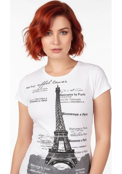 Alfa Aksesuar 03 Berrak Kule Baskılı Bayan T-shirt 8006 Beyaz